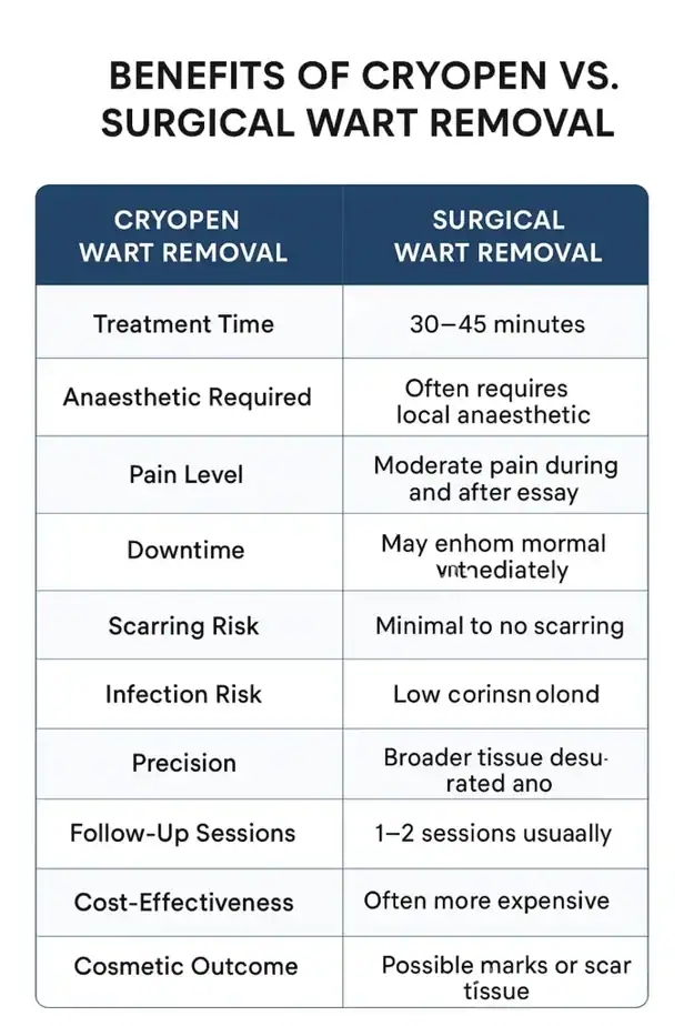 Table showing the benefits of cryopen to remove warts Derby compared to surgical treatment